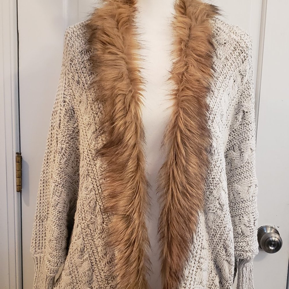 Military Hippie Faux Fur Trimmed Cardigan NWOT